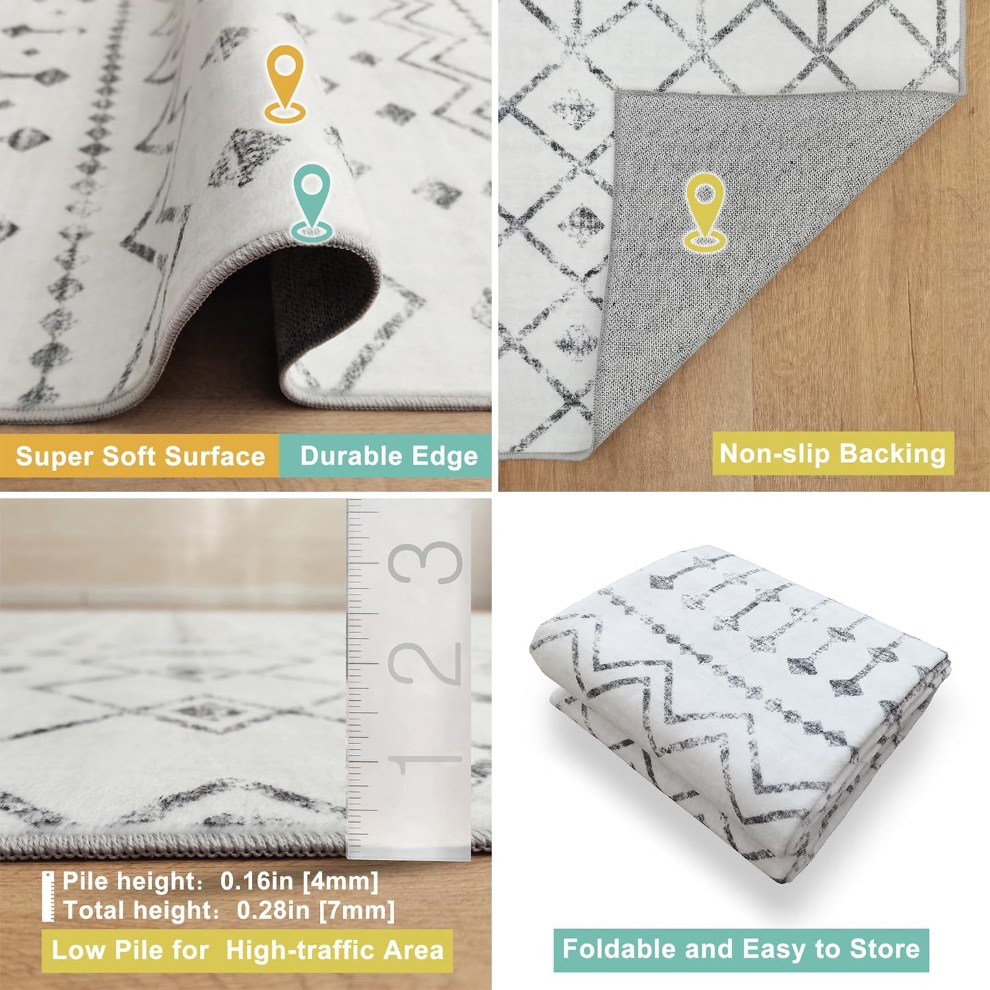 Modern Washable Rug Boho Non-Slip White and Grey Area Rug