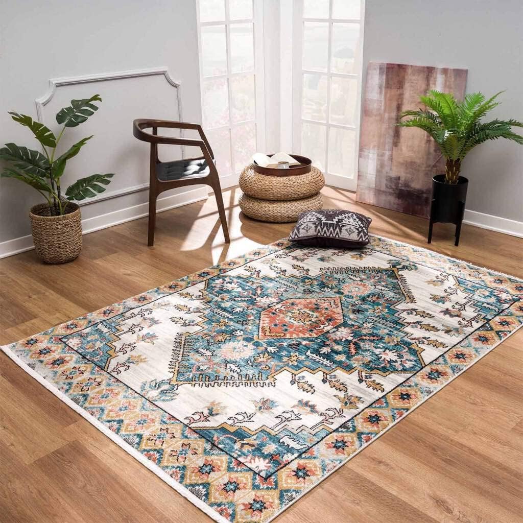 Persian Rug Traditional Patterned Orange Turquoise Multicolor Area Rug