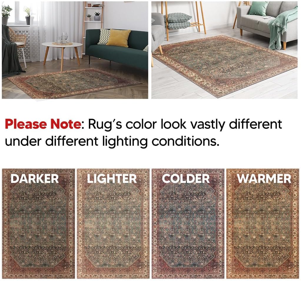 Turkish Rug Forest Green Brown Boho Living Room Kitchen and Bedroom