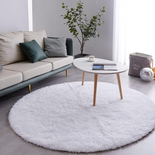 Round Fluffy Rug White Plain