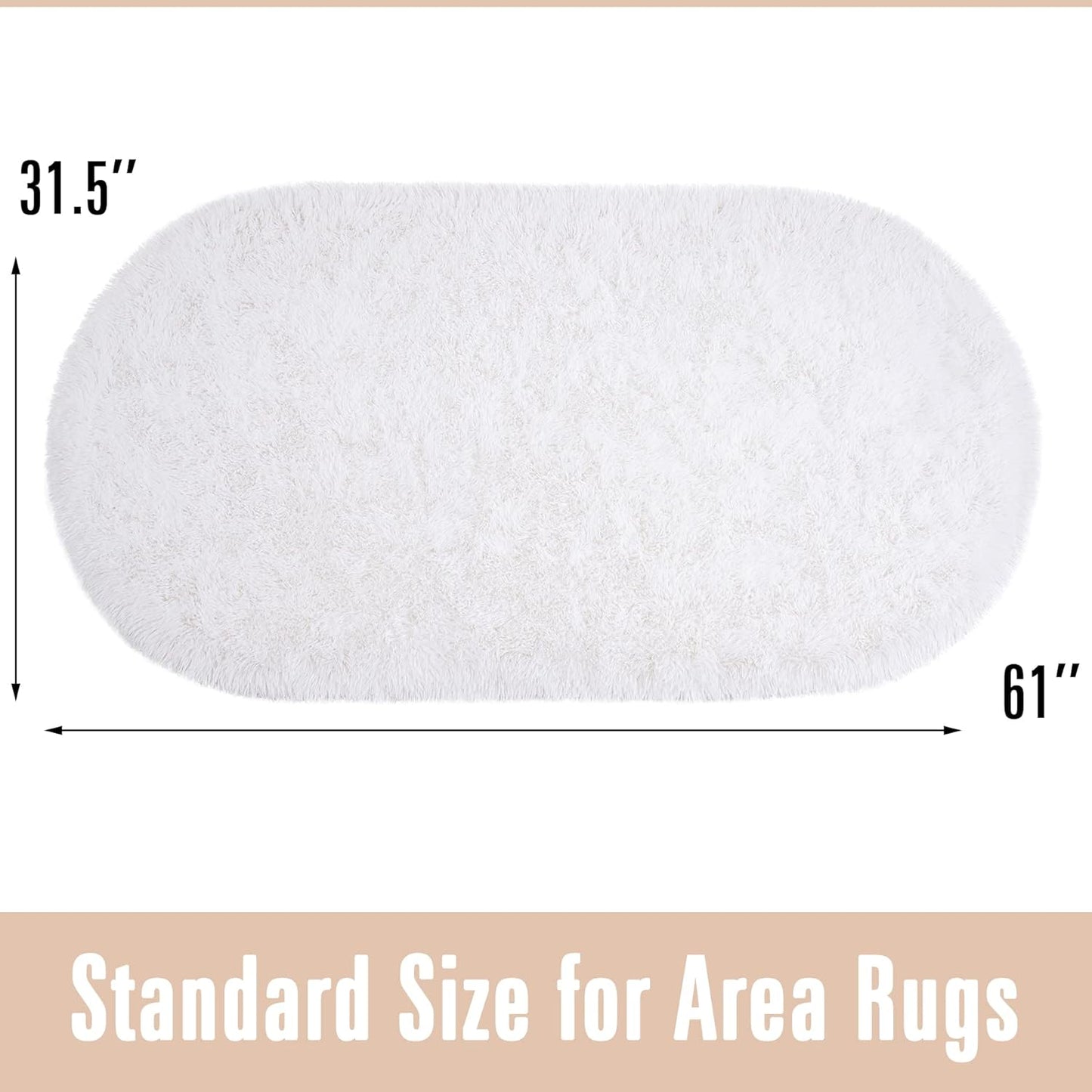 Oval Fluffy Rug White Plain 3x6