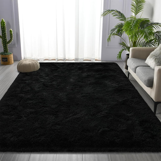 Black Shag Rug Plain, Modern, Fluffy, Soft Rug - rgc009