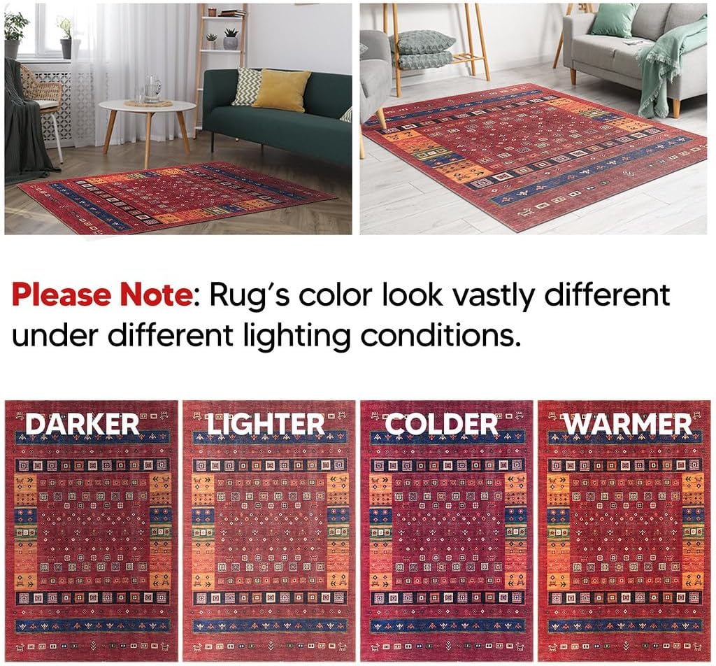 Turkish Rug Ethnic Patterned Red Boho Living Room Kitchen and Bedroom