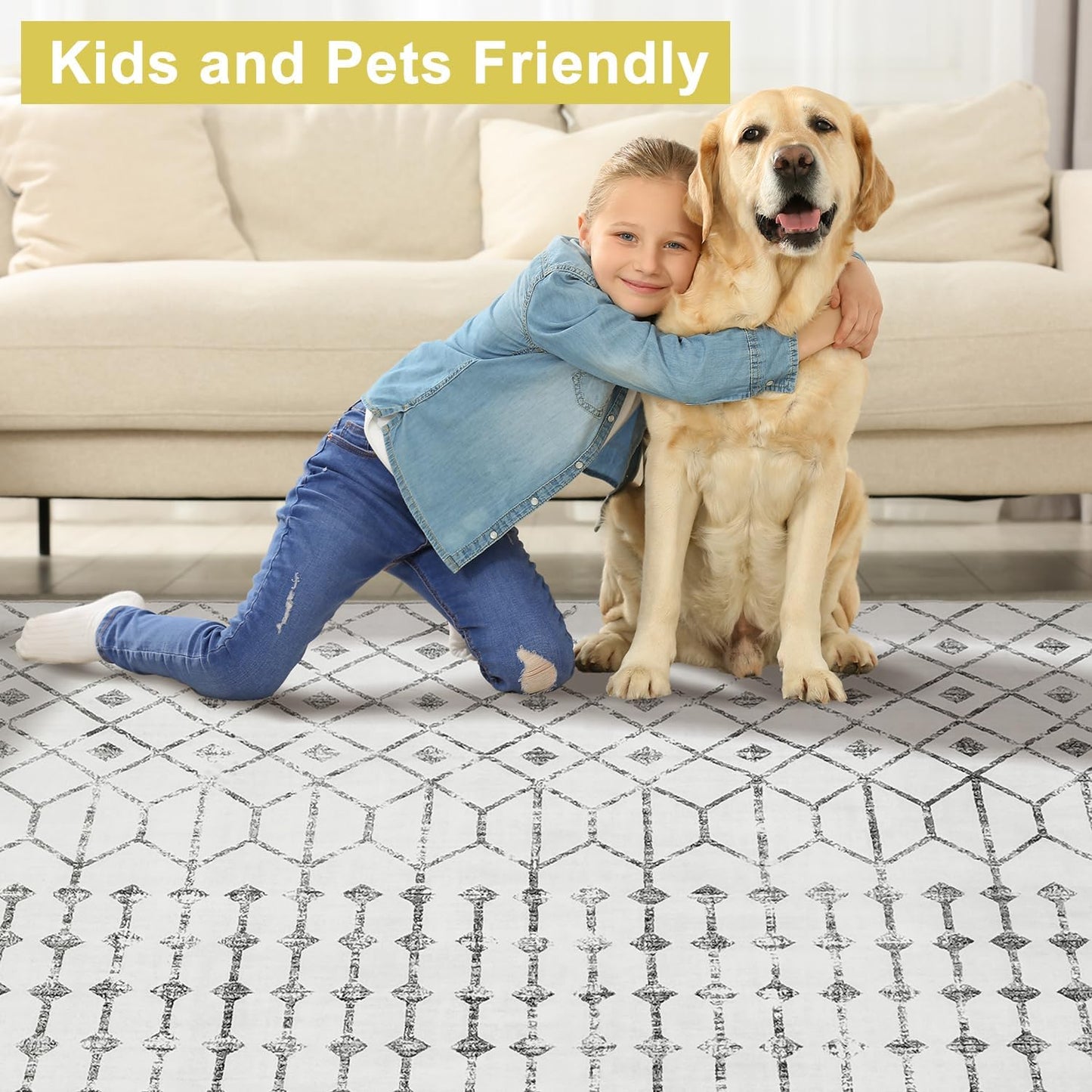 Modern Washable Rug Boho Non-Slip White and Grey Area Rug
