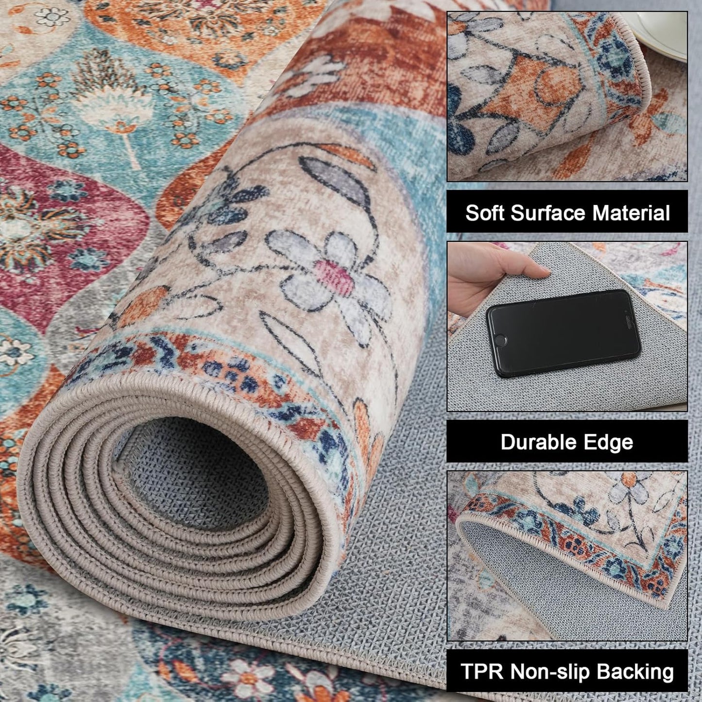 Turkish Blue Rug Non Slip Modern Living Room Kitchen and Bedroom