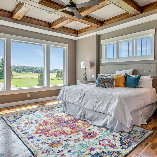 Modern Washable Rug Boho Non-Slip Blue and Multicolor Area Rug