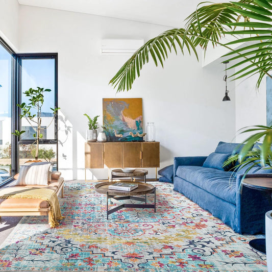 Modern Washable Rug Boho Non-Slip Blue Beige and Multicolor Area Rug