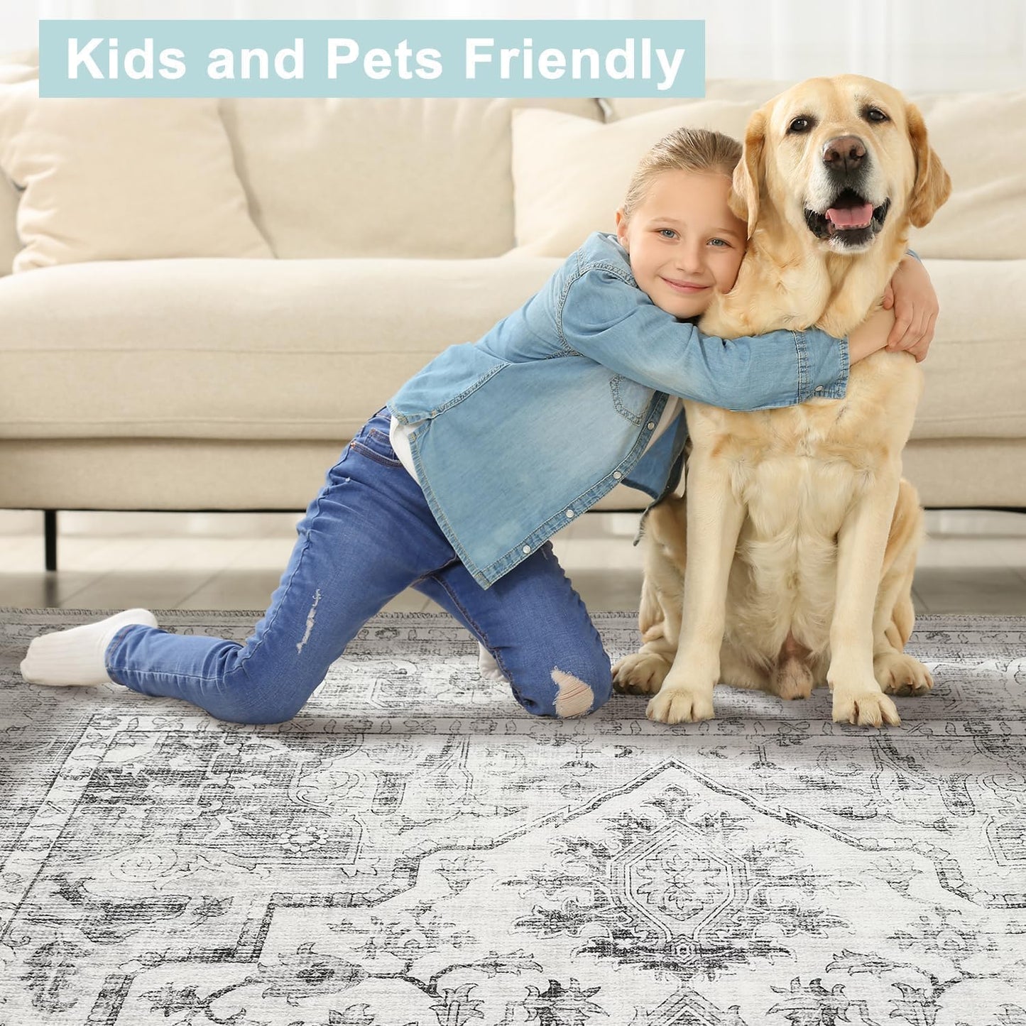 Modern Washable Rug Boho Non-Slip Grey Multicolor Area Rug