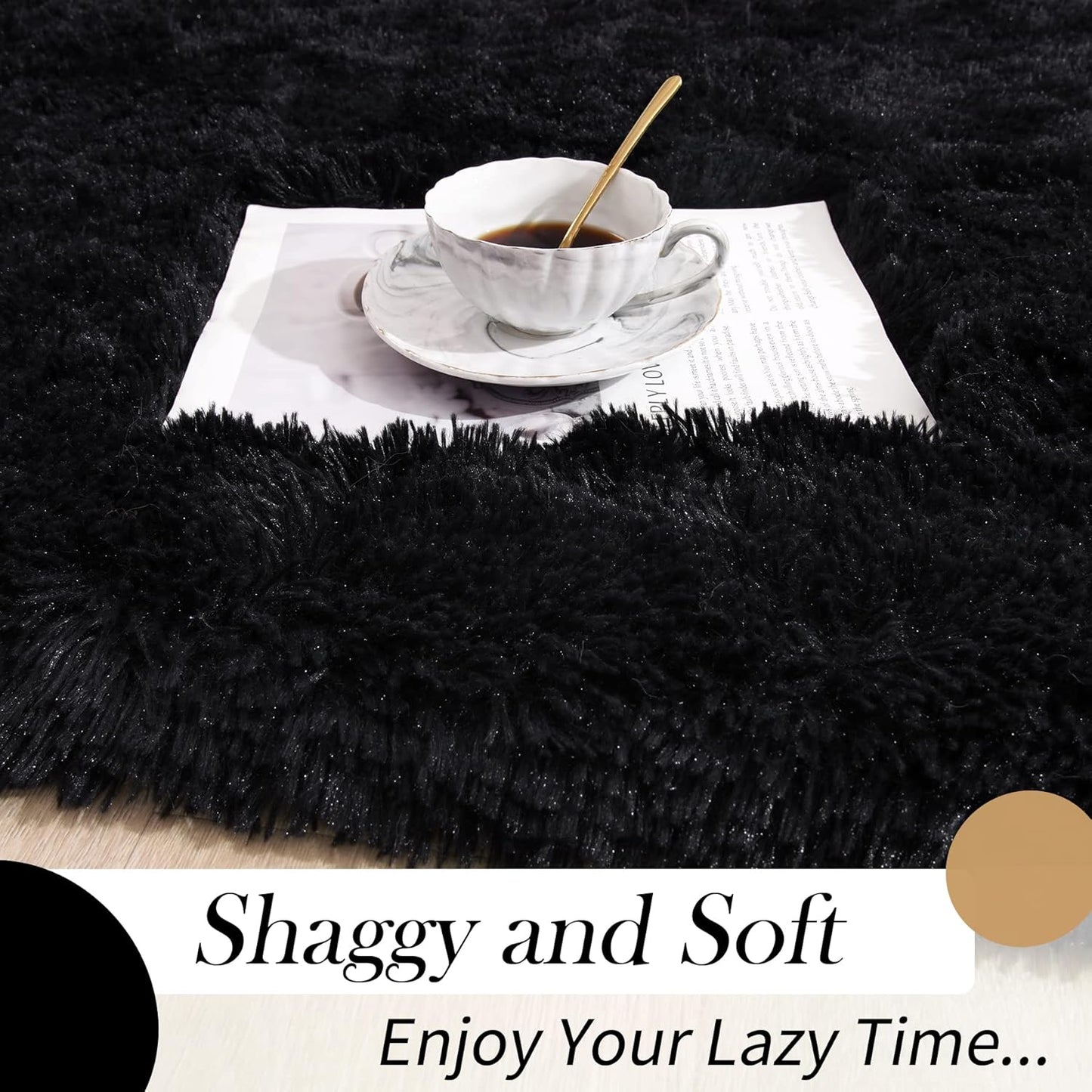 Oval Fluffy Rug Black 3x9