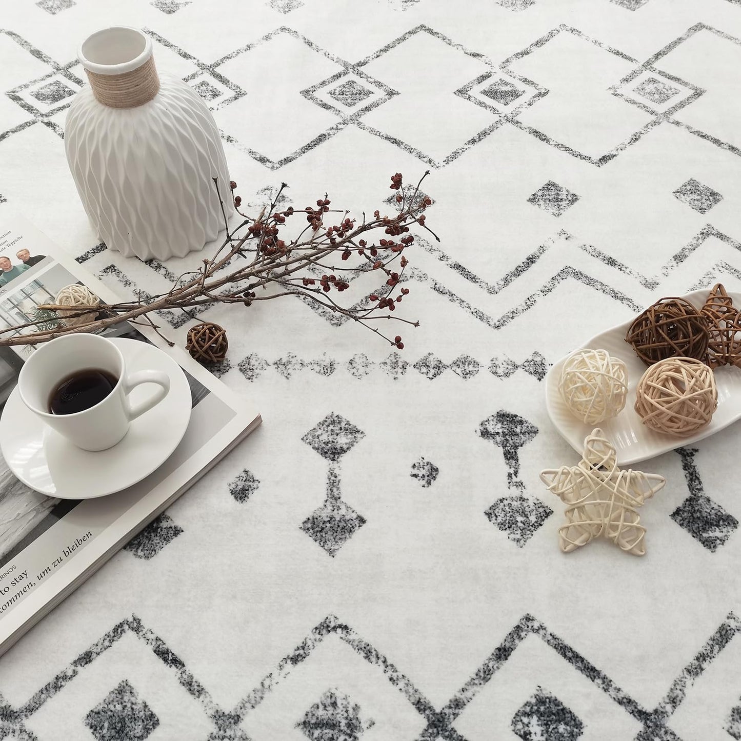 Modern Washable Rug Boho Non-Slip White and Grey Area Rug