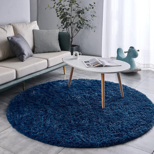 Round Fluffy Rug Navy Blue