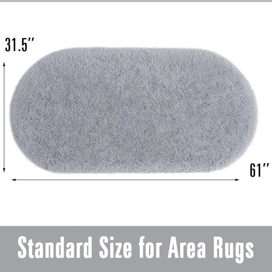 Oval Fluffy Rug Grey Plain 3x6