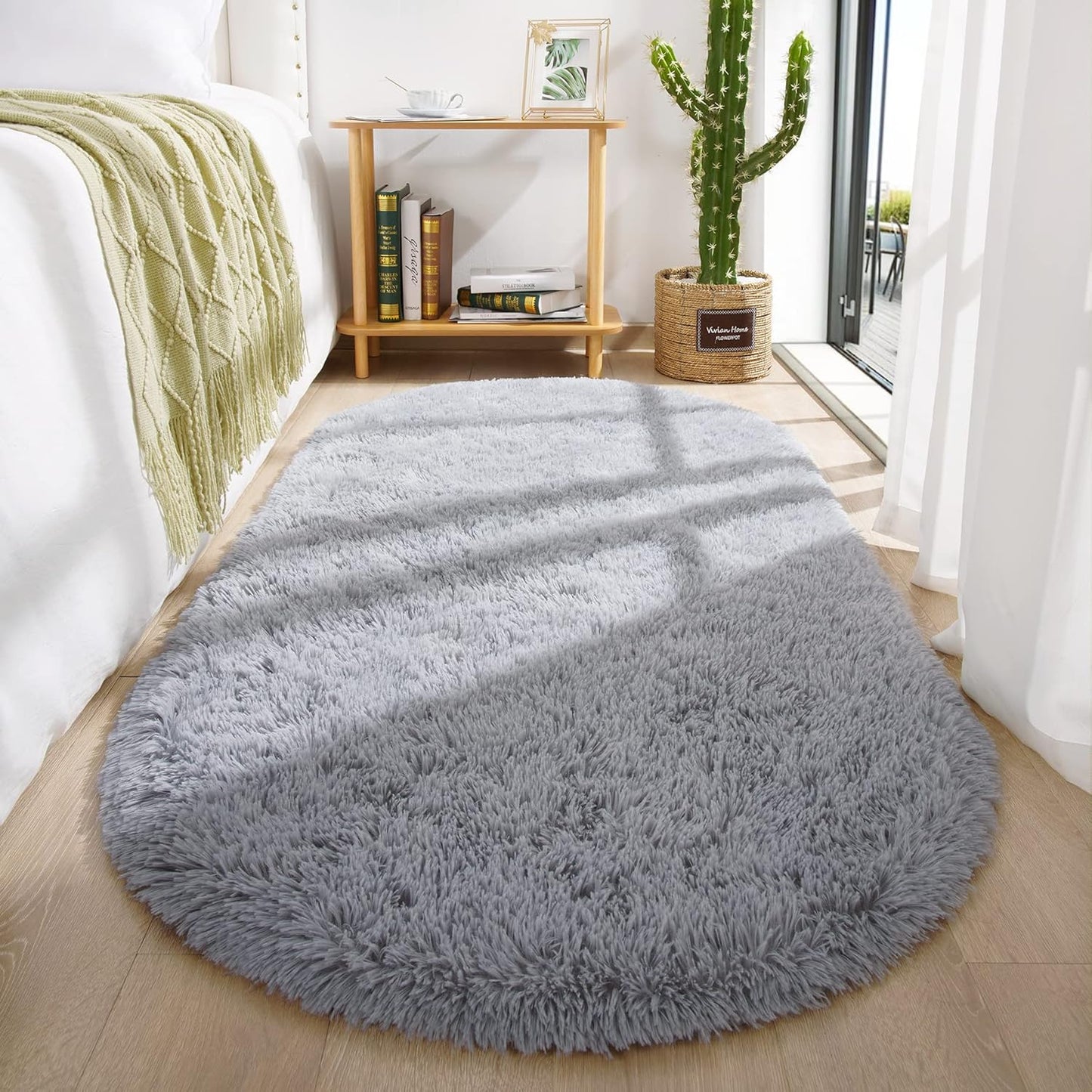 Oval Fluffy Rug Grey Plain 3x7