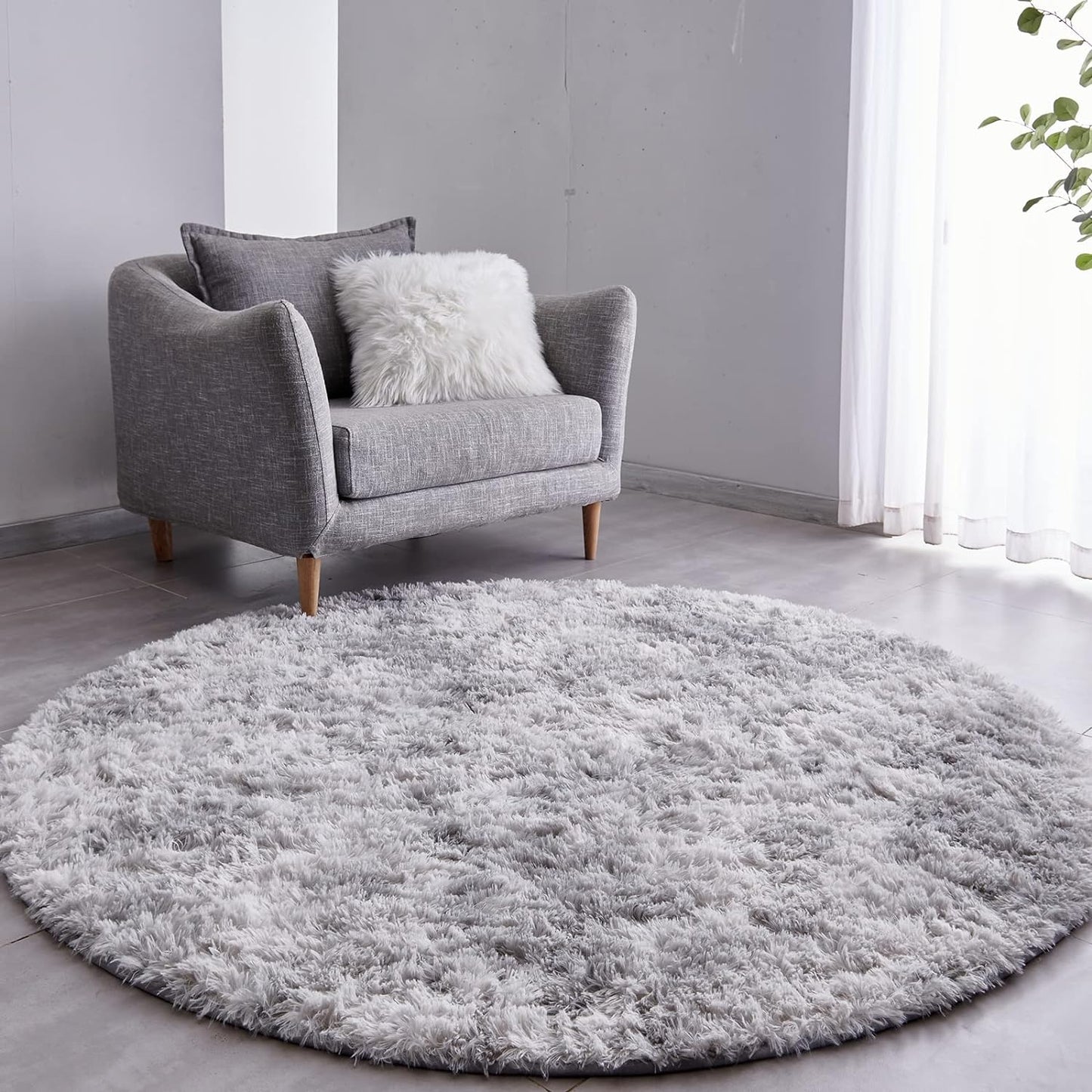 Round Fluffy Rug Cloud Grey Plain