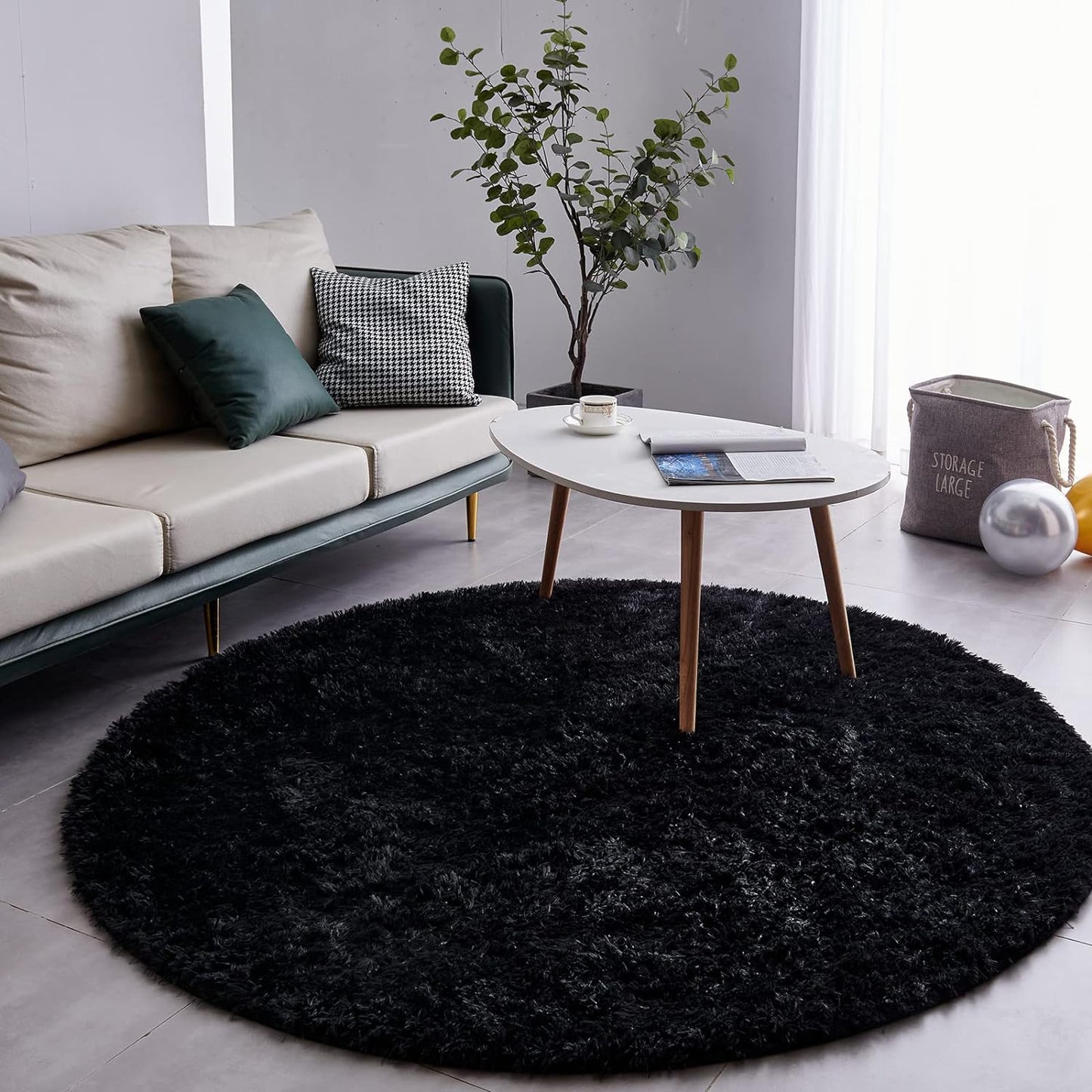 Round Fluffy Rug Black Plain