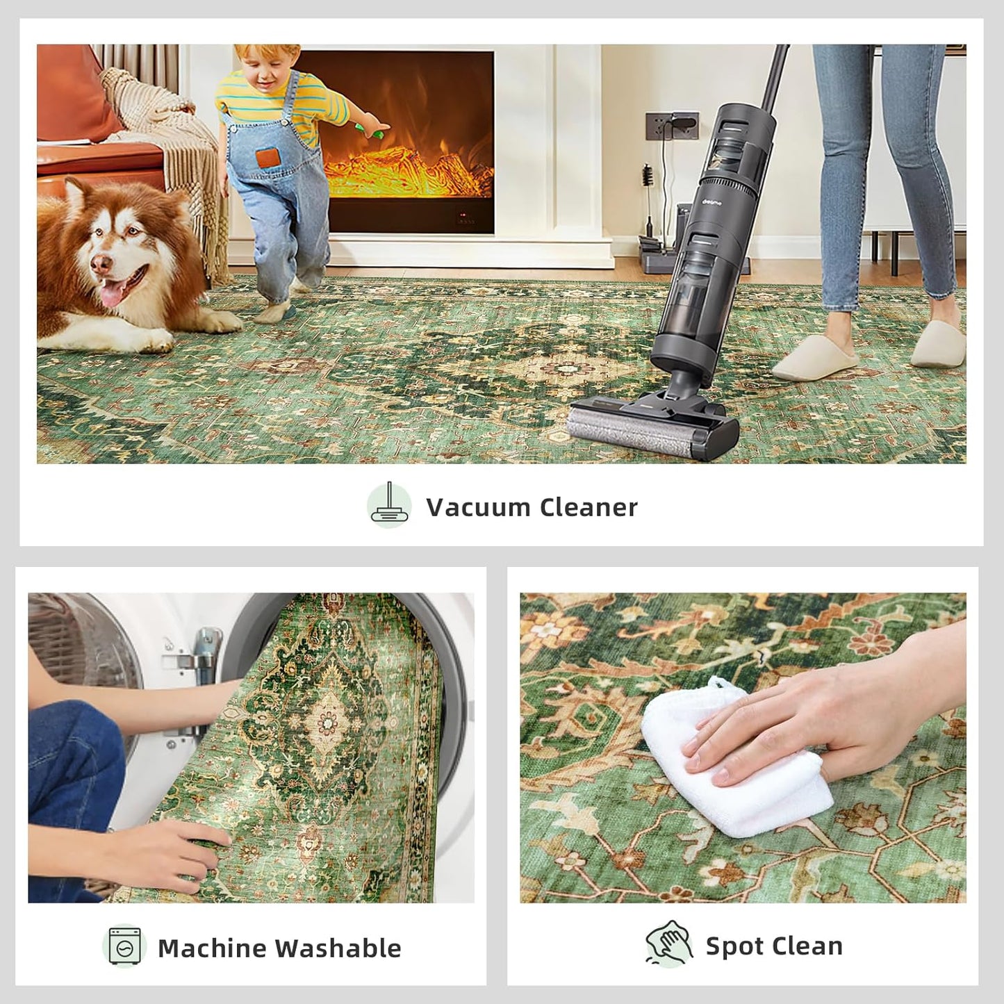 Turkish Rug Green Living Room Kitchen and Bedroom