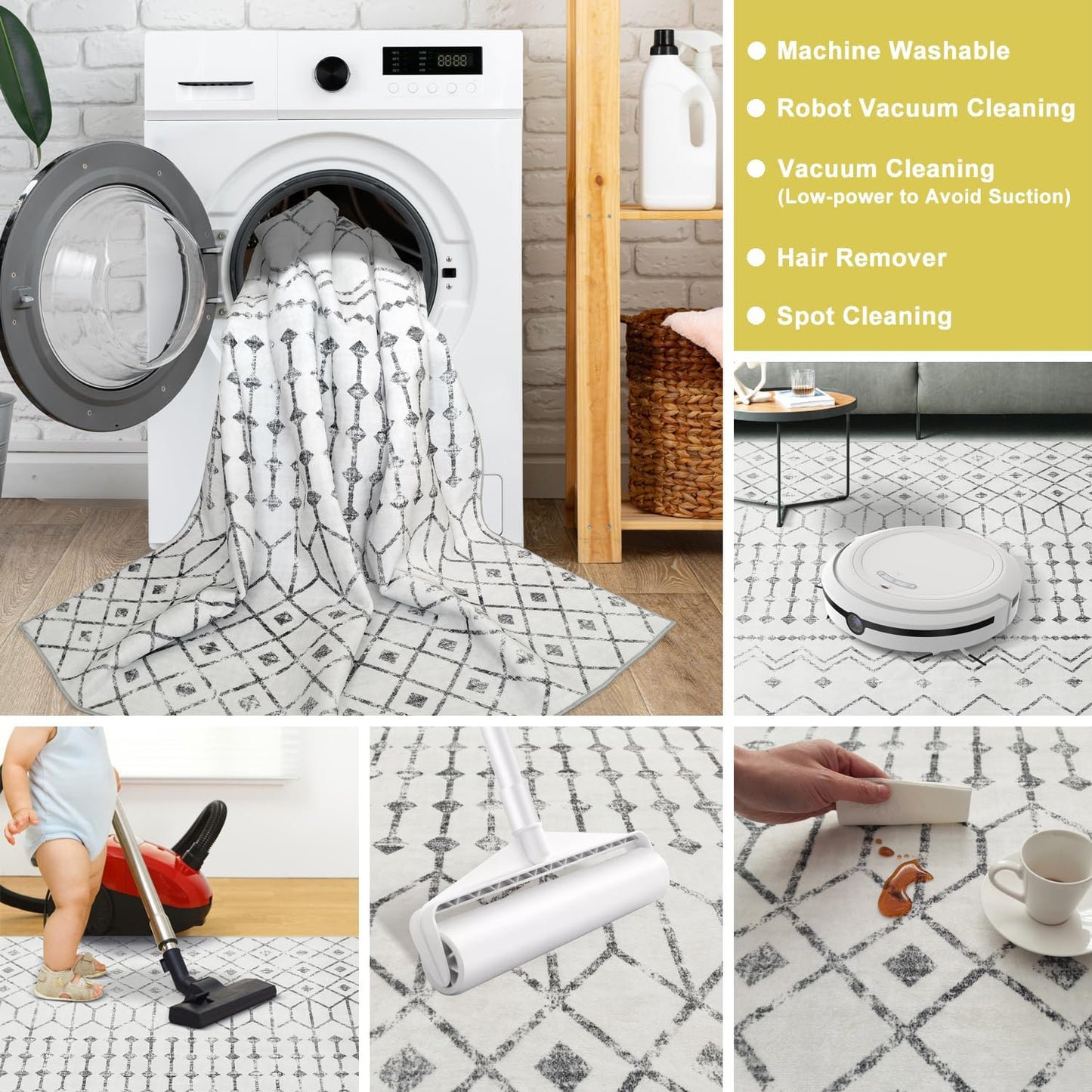 Modern Washable Rug Boho Non-Slip White and Grey Area Rug