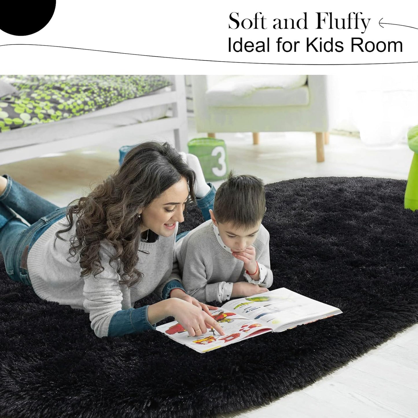 Oval Fluffy Rug Black 3x11