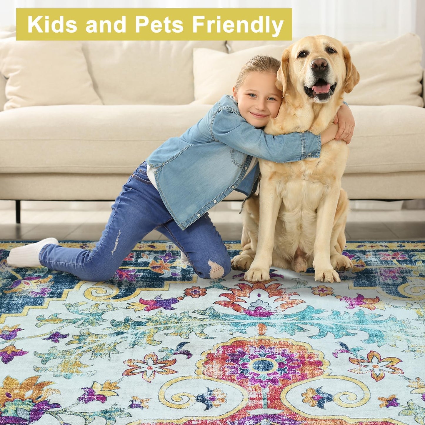 Modern Washable Rug Boho Non-Slip Blue and Multicolor Area Rug