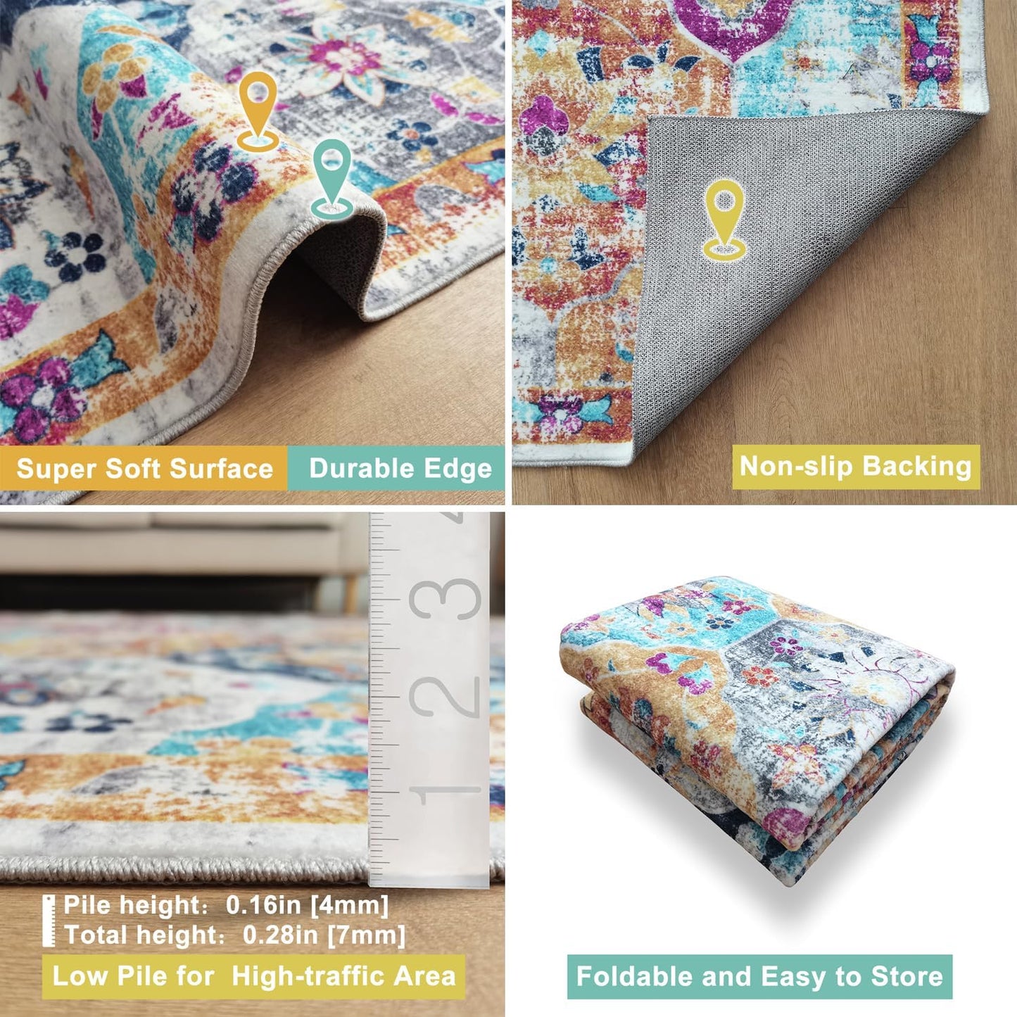 Modern Washable Rug Boho Non-Slip Multicolor Area Rug Carpet