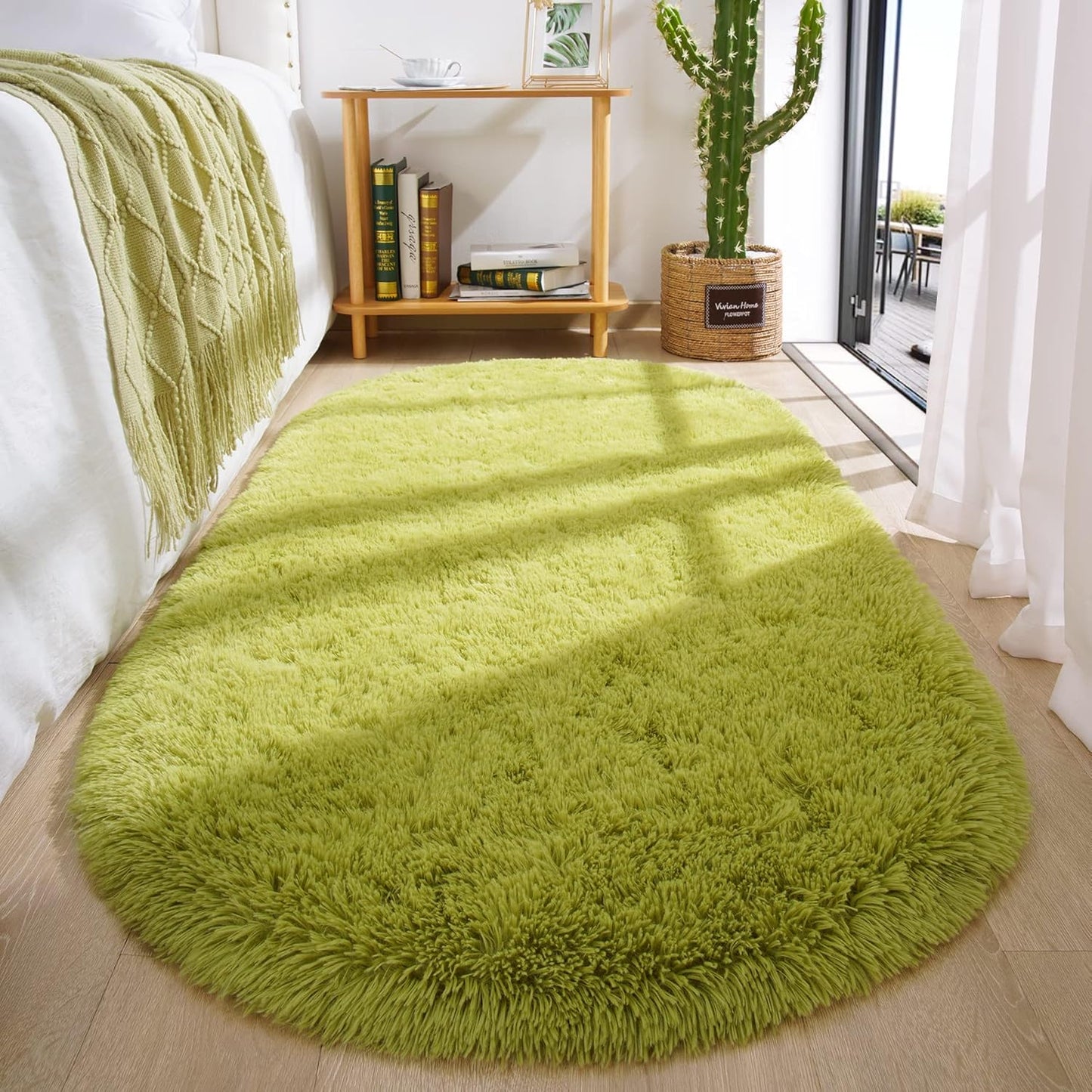 Oval Fluffy Rug White Plain 3x7