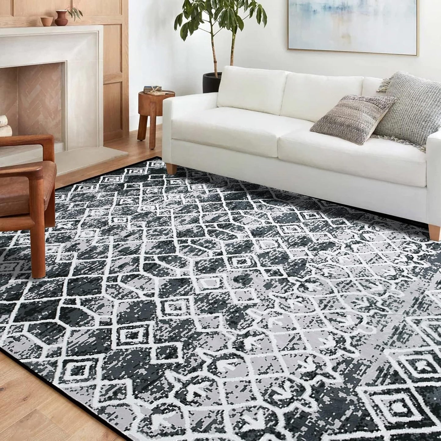 Modern Rug 5x7 Thin Black and Grey Machine Washable Area Rug