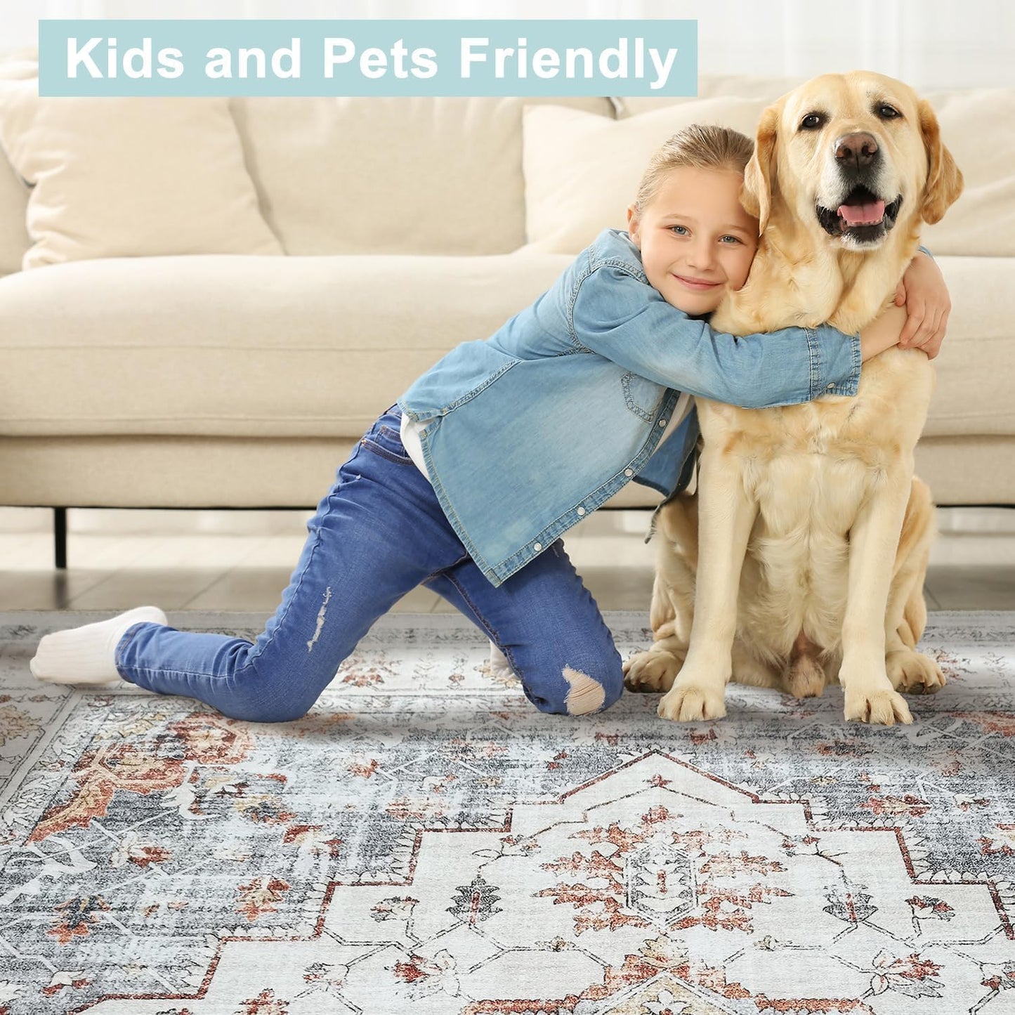 Modern Washable Rug Boho Non-Slip Beige and Grey Area Rug
