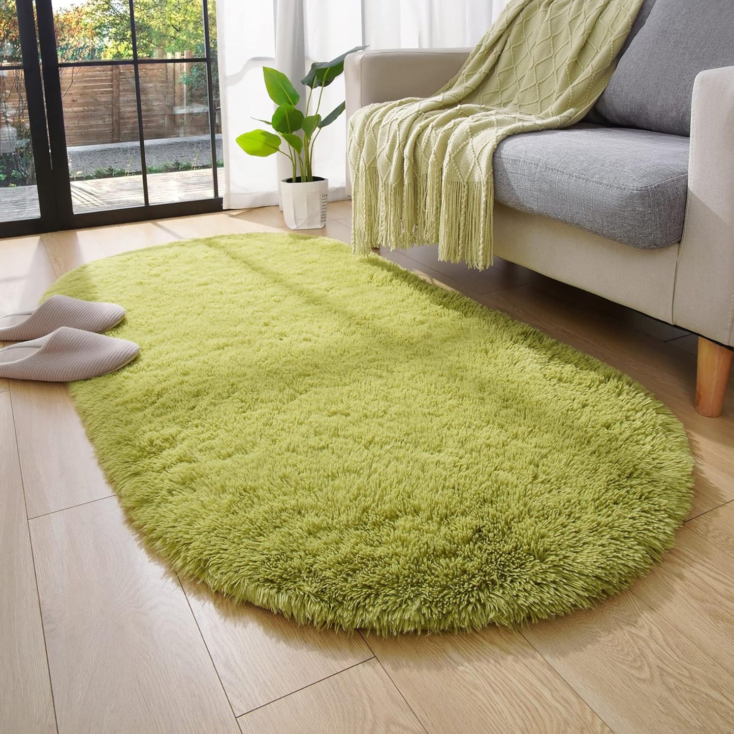 Oval Fluffy Rug White Plain 3x8