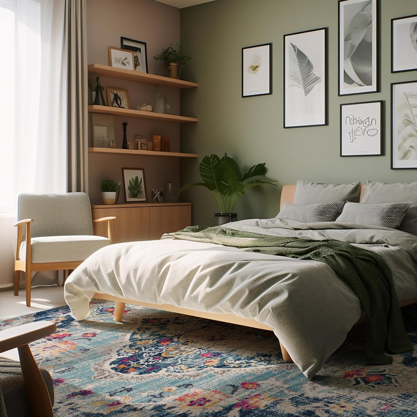 Modern Abstract Rug Blue Boho Modern Living Room Kitchen and Bedroom
