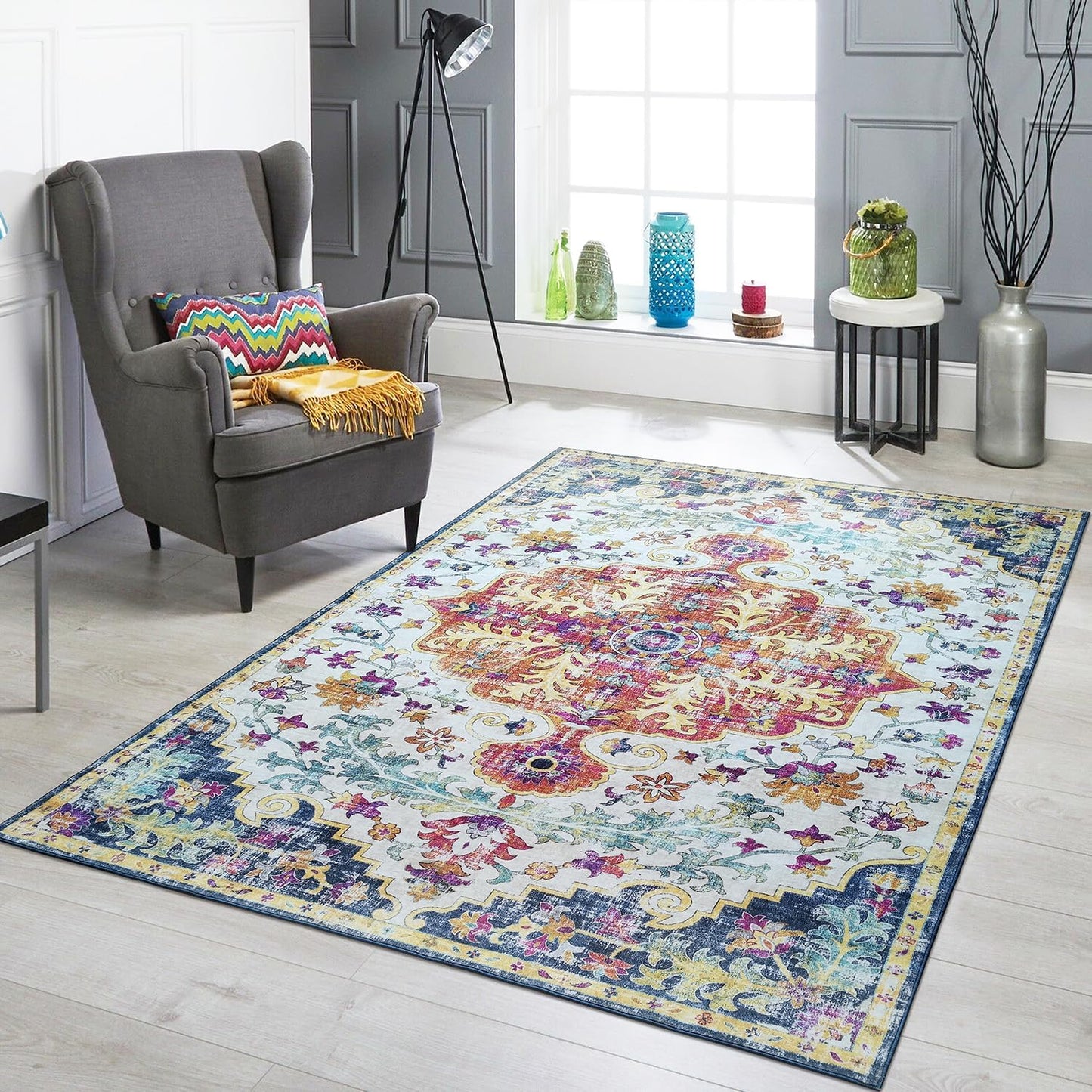 Modern Washable Rug Boho Non-Slip Blue and Multicolor Area Rug