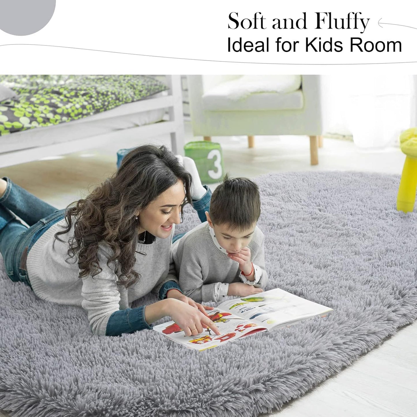 Oval Fluffy Rug Grey Plain 3x11