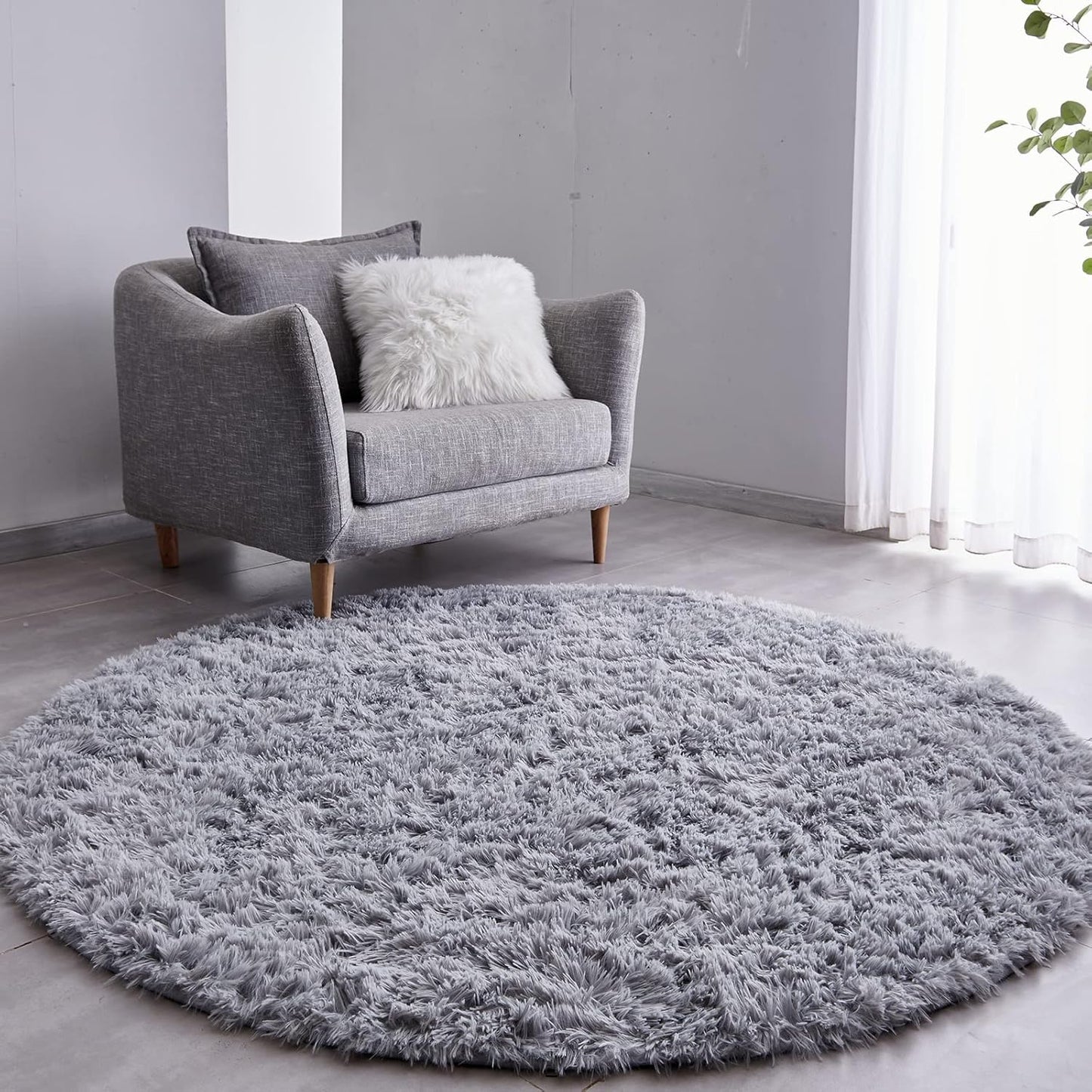 Round Fluffy Rug Grey Plain