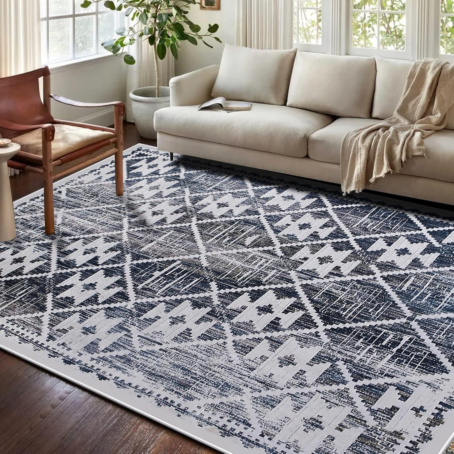 Modern Rug 5x7 Thin Beige and Blue Machine Washable Area Rug