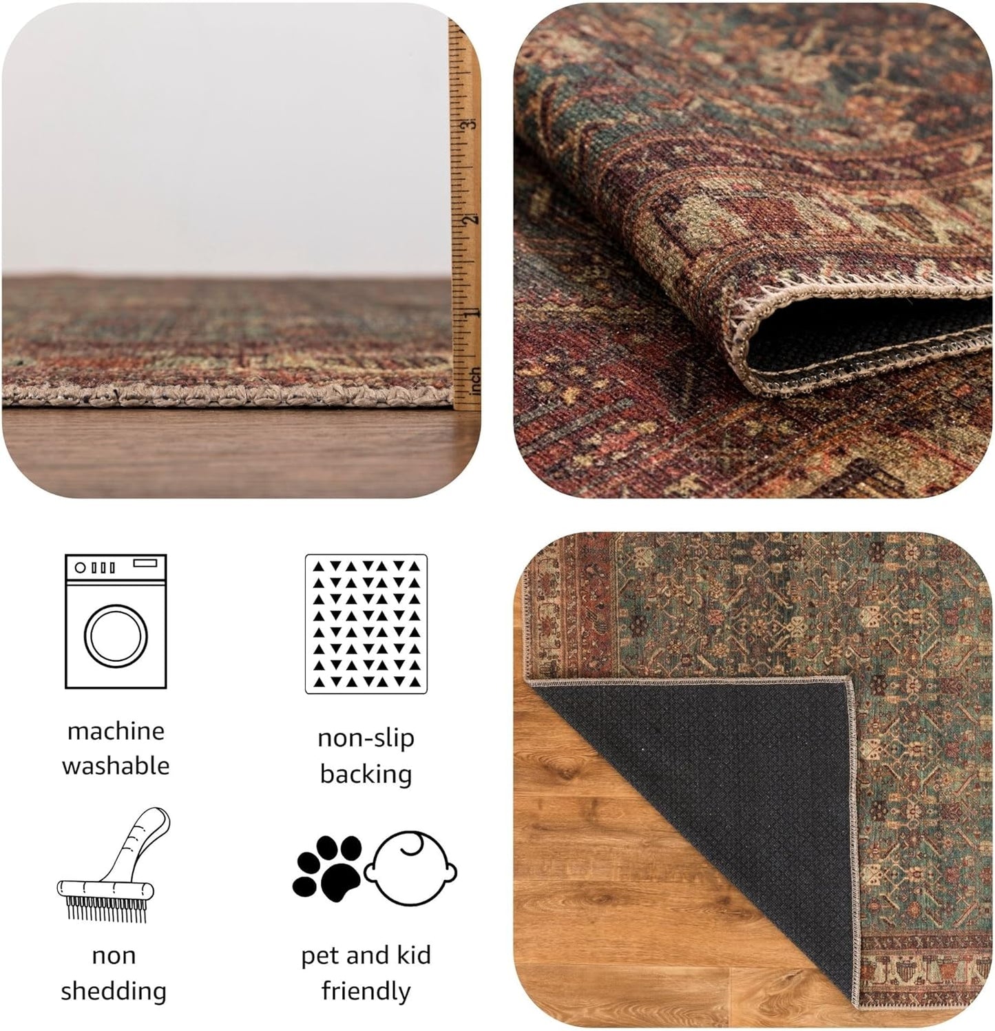 Turkish Rug Forest Green Brown Boho Living Room Kitchen and Bedroom