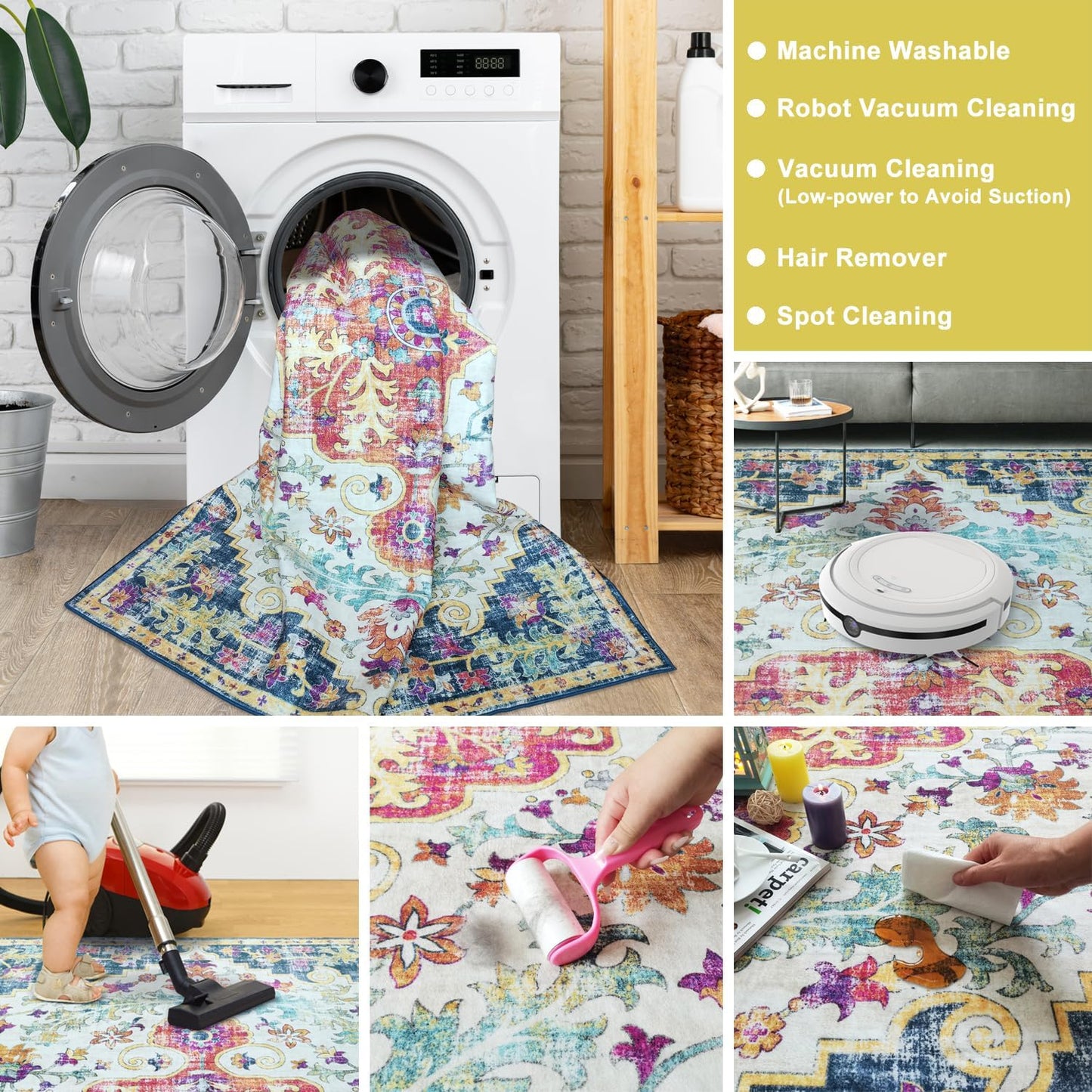 Modern Washable Rug Boho Non-Slip Blue and Multicolor Area Rug