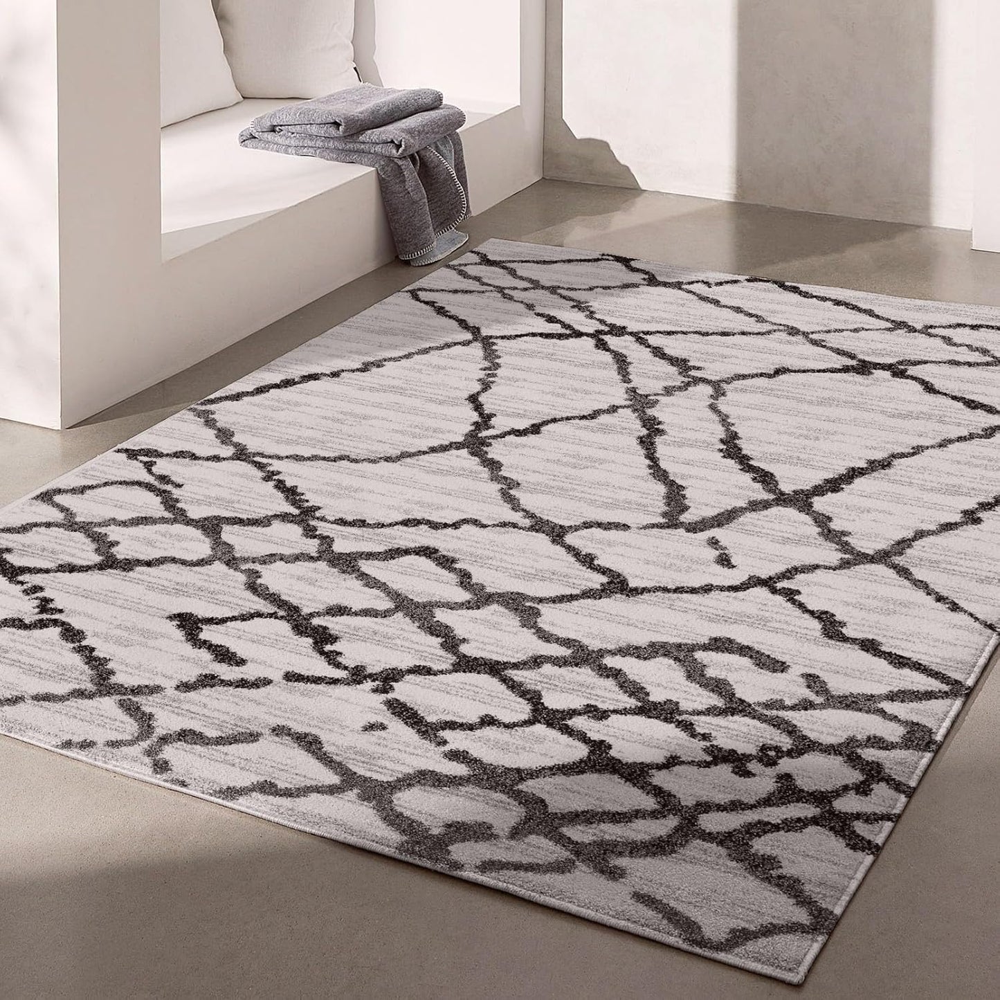 Modern Abstract Rug 4x6 White Grey Boho Modern Living Room Kitchen and Bedroom Area Rug