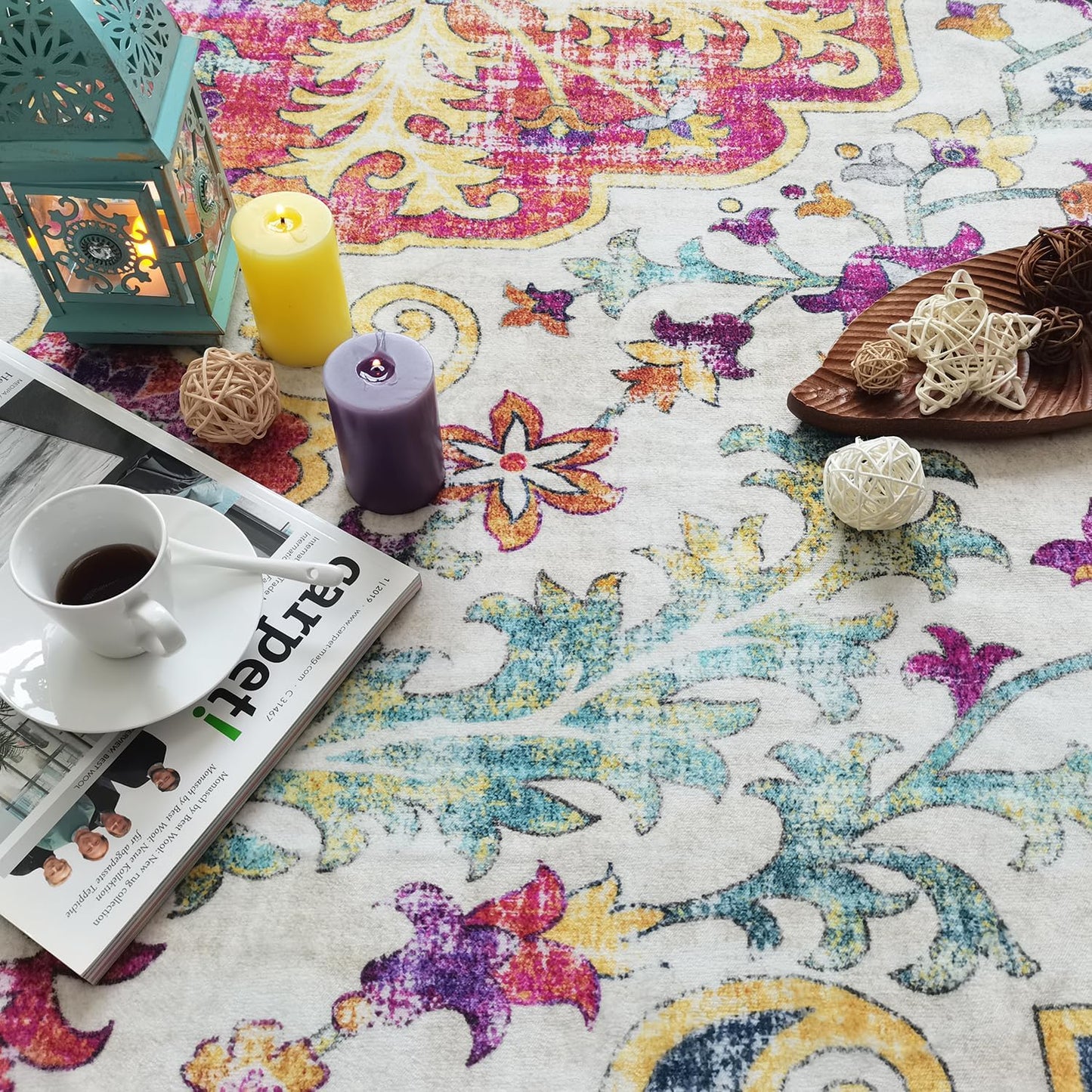 Modern Washable Rug Boho Non-Slip Blue and Multicolor Area Rug