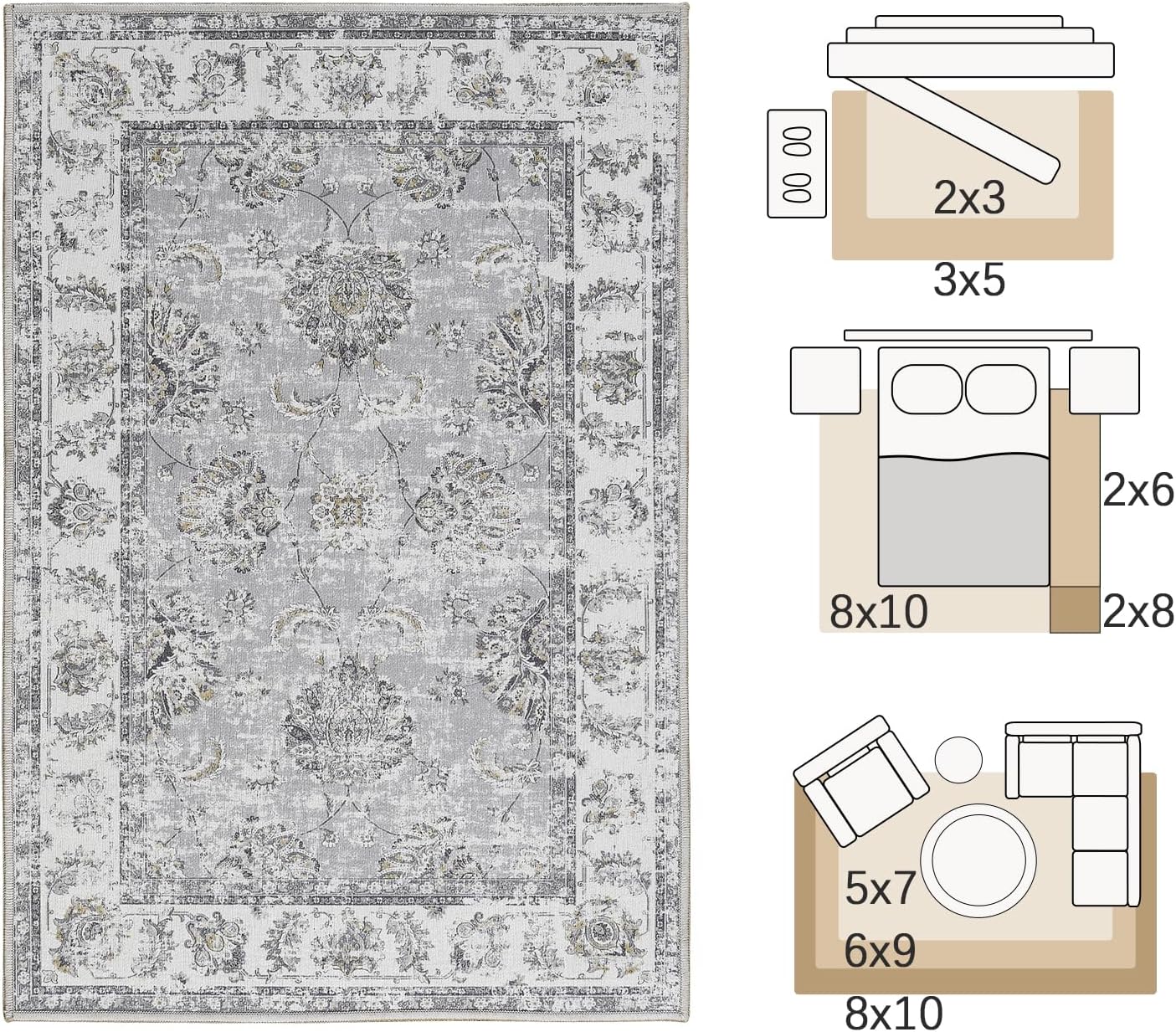Vintage Grey Rug Living Room Kitchen and Bedroom