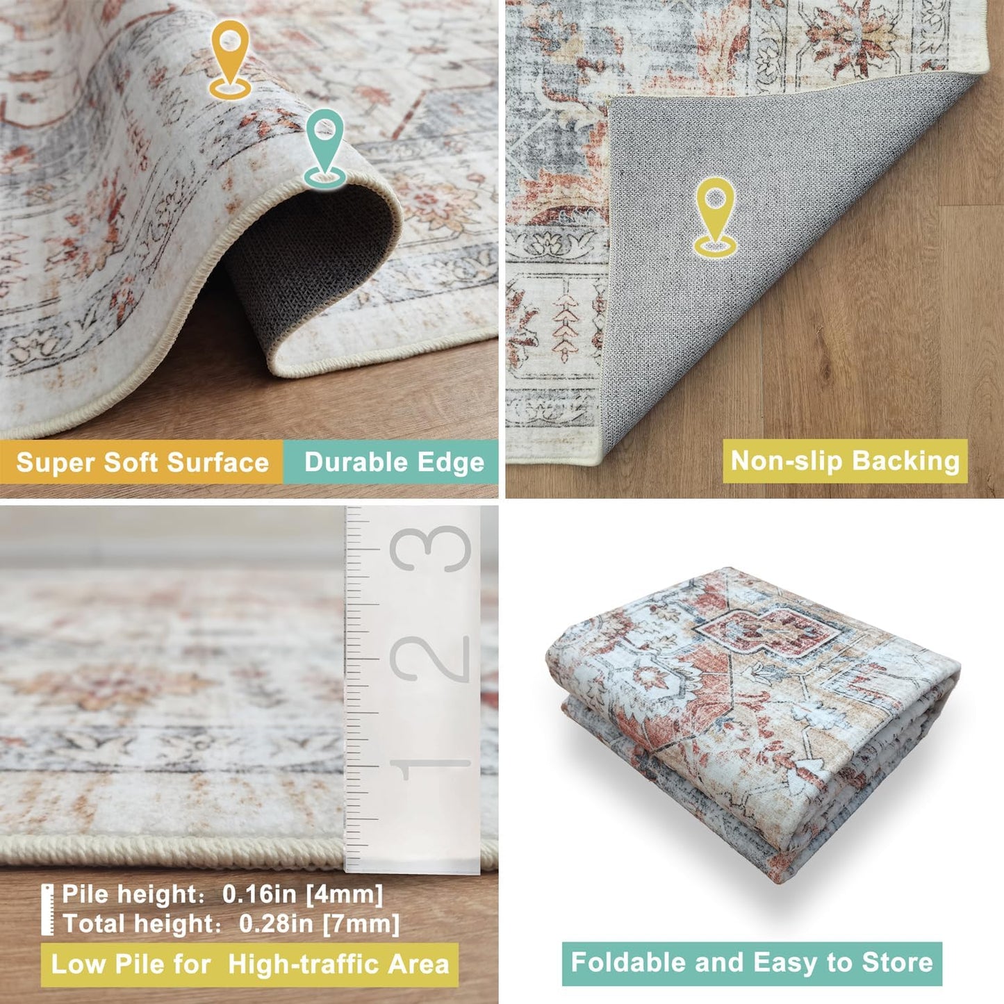 Modern Washable Rug Boho Non-Slip Beige and Grey Area Rug