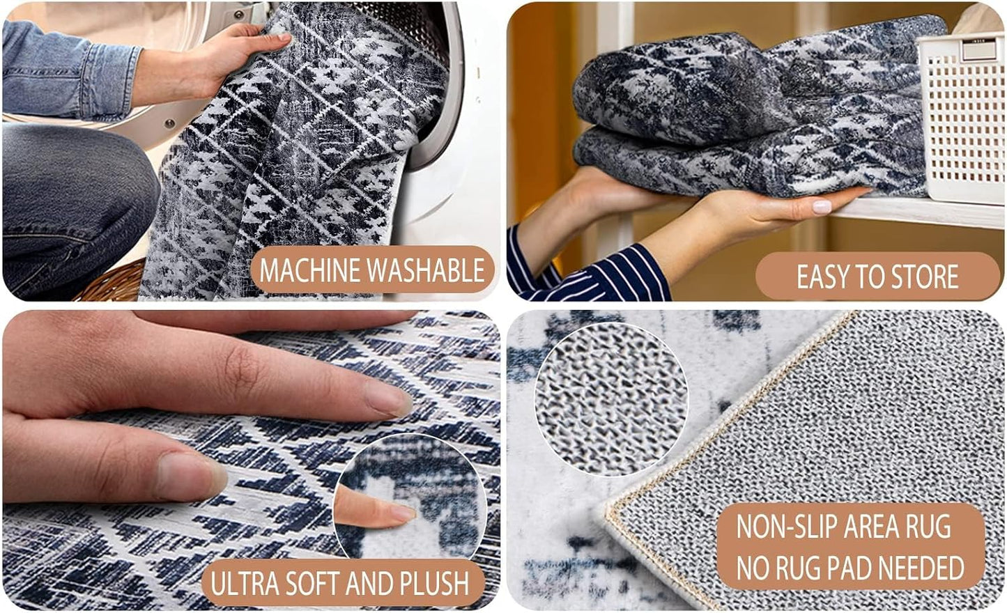 Modern Rug 5x7 Thin Beige and Blue Machine Washable Area Rug