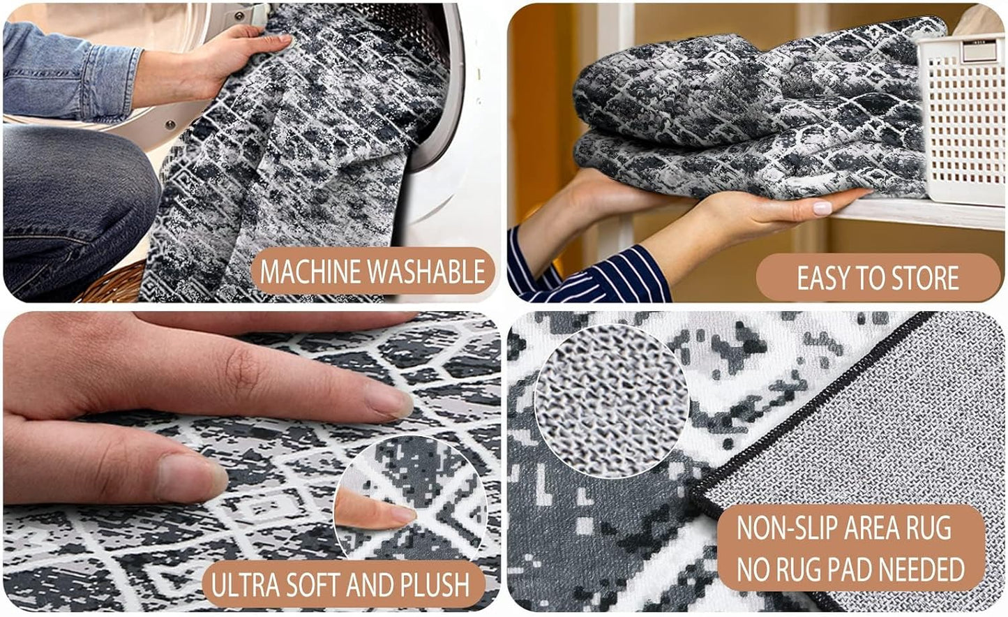 Modern Rug 5x7 Thin Black and Grey Machine Washable Area Rug