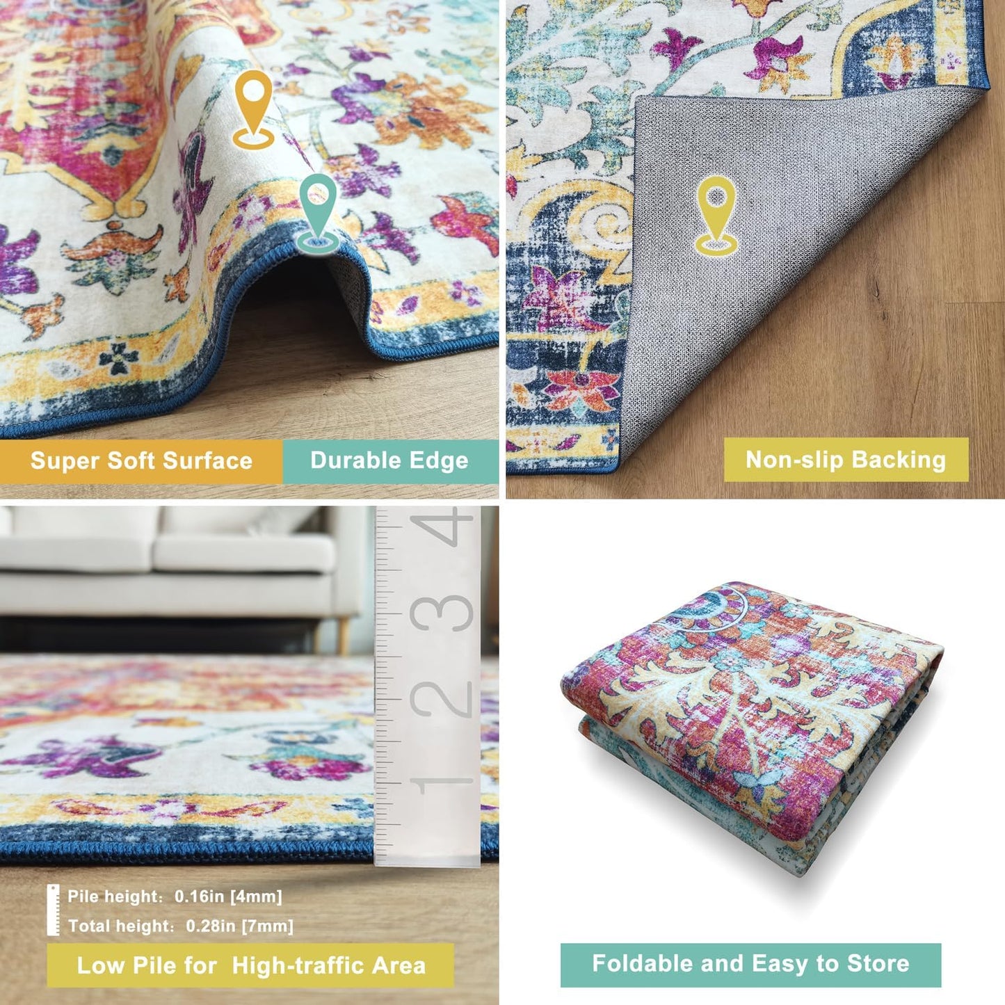 Modern Washable Rug Boho Non-Slip Blue and Multicolor Area Rug