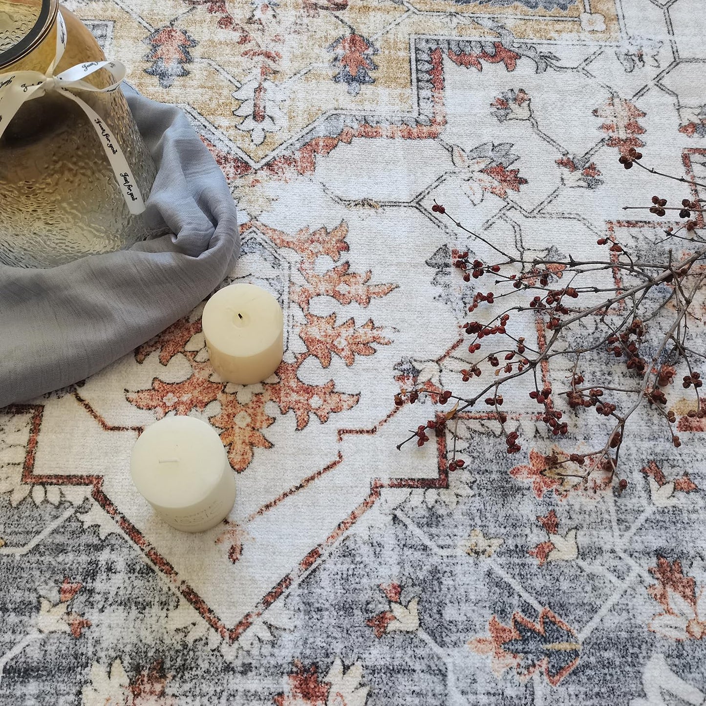 Modern Washable Rug Boho Non-Slip Beige and Grey Area Rug
