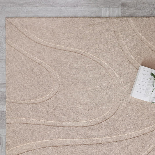 High Low Faux Fur Shag Rug Beige Boho Wavy Pattern Living Room & Bedroom Rug -