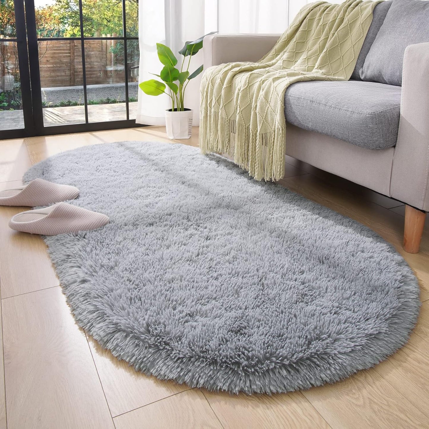 Oval Fluffy Rug Grey Plain 3x8