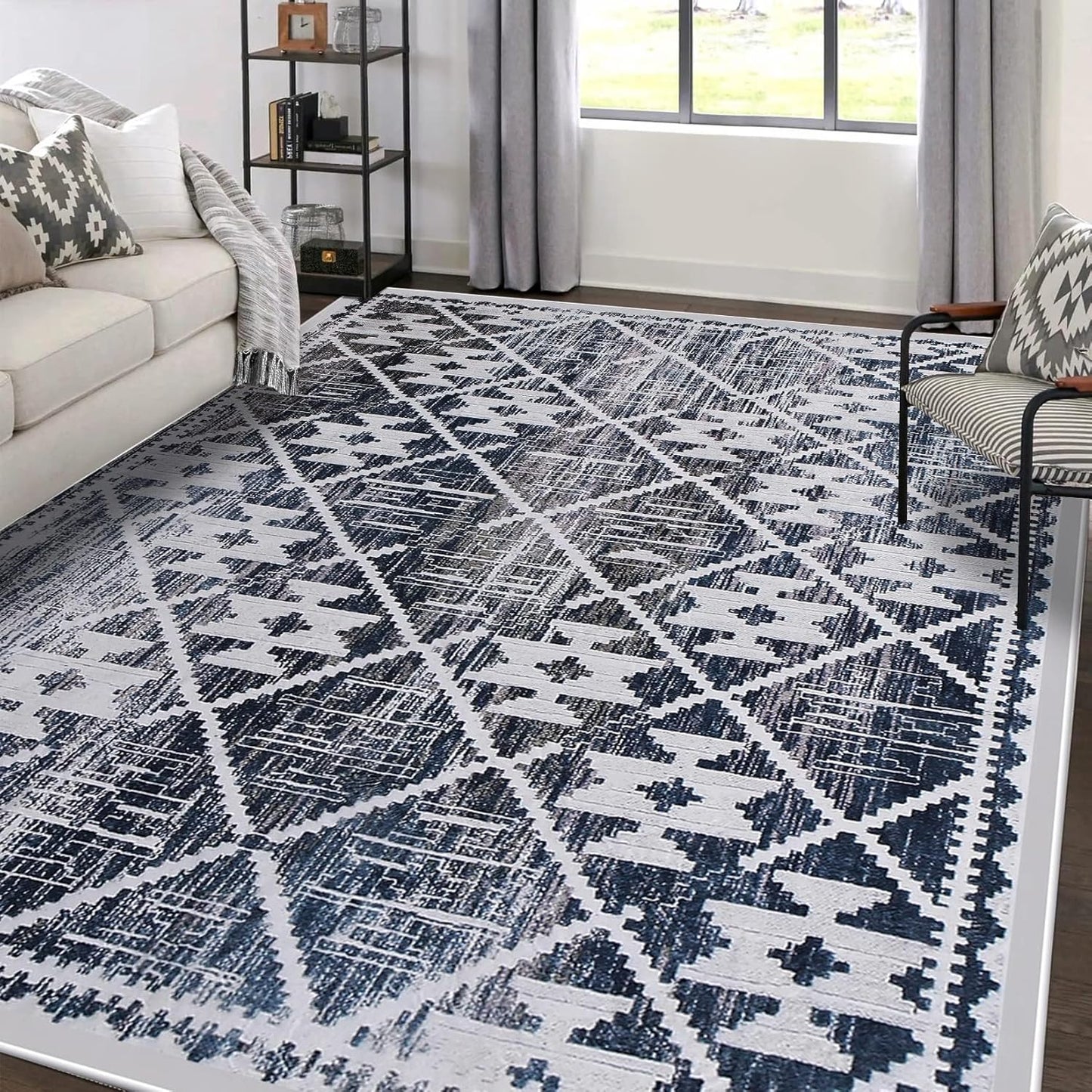 Modern Rug 5x7 Thin Beige and Blue Machine Washable Area Rug