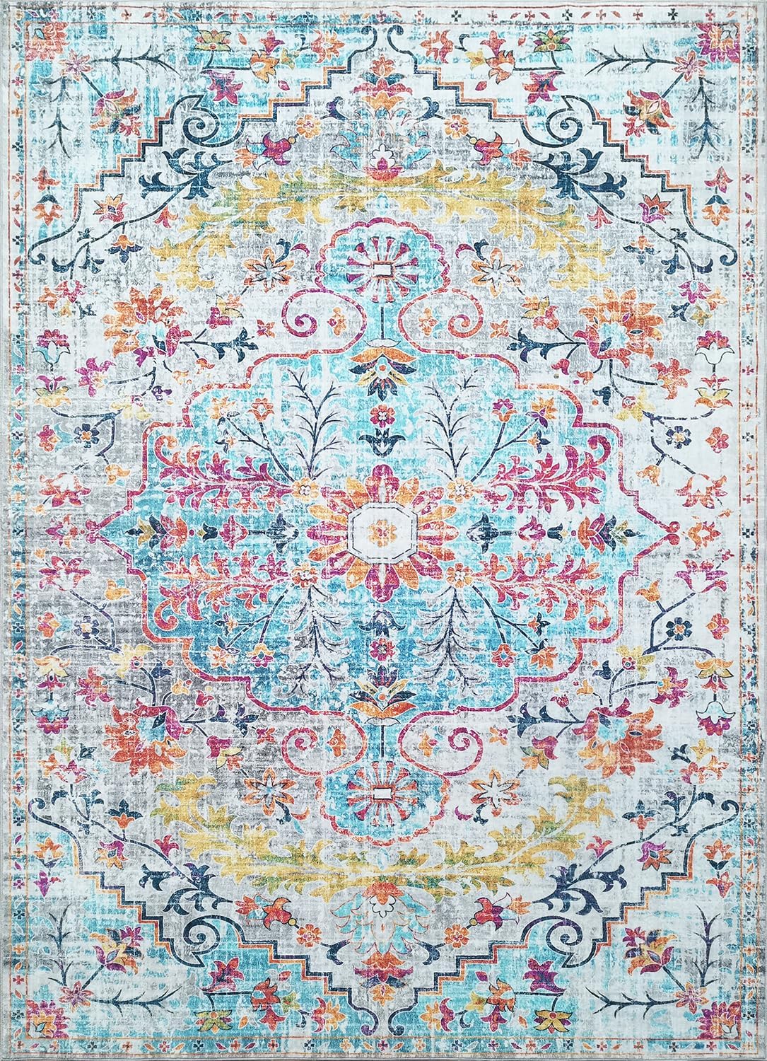 Modern Washable Rug Boho Non-Slip Blue Beige and Multicolor Area Rug