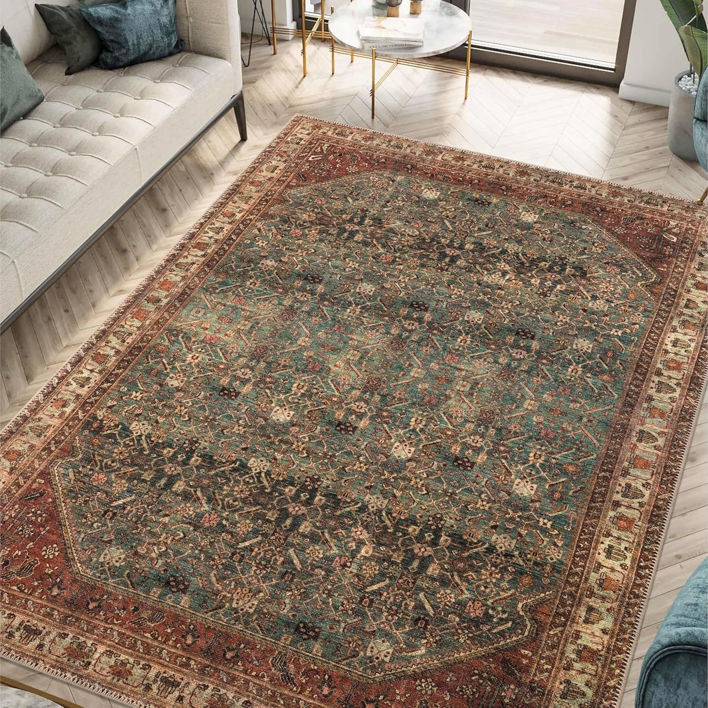 Turkish Rug Forest Green Brown Boho Living Room Kitchen and Bedroom
