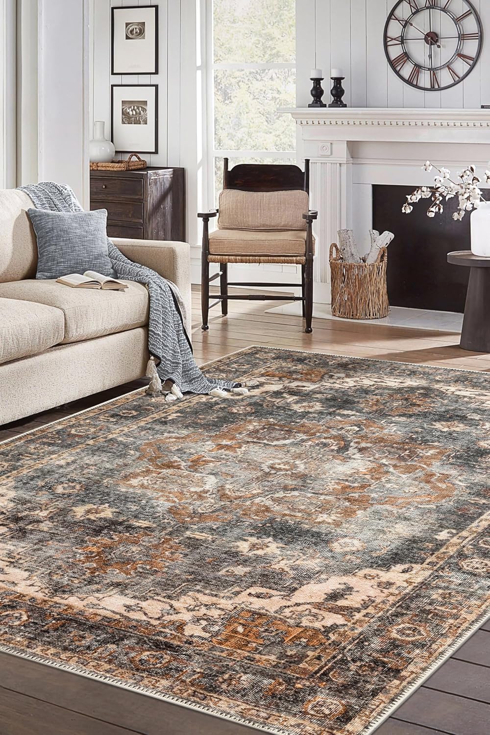 Turkish Rug Ethnic Patterned Grey Copper Boho Living Room Kitchen and Bedroom