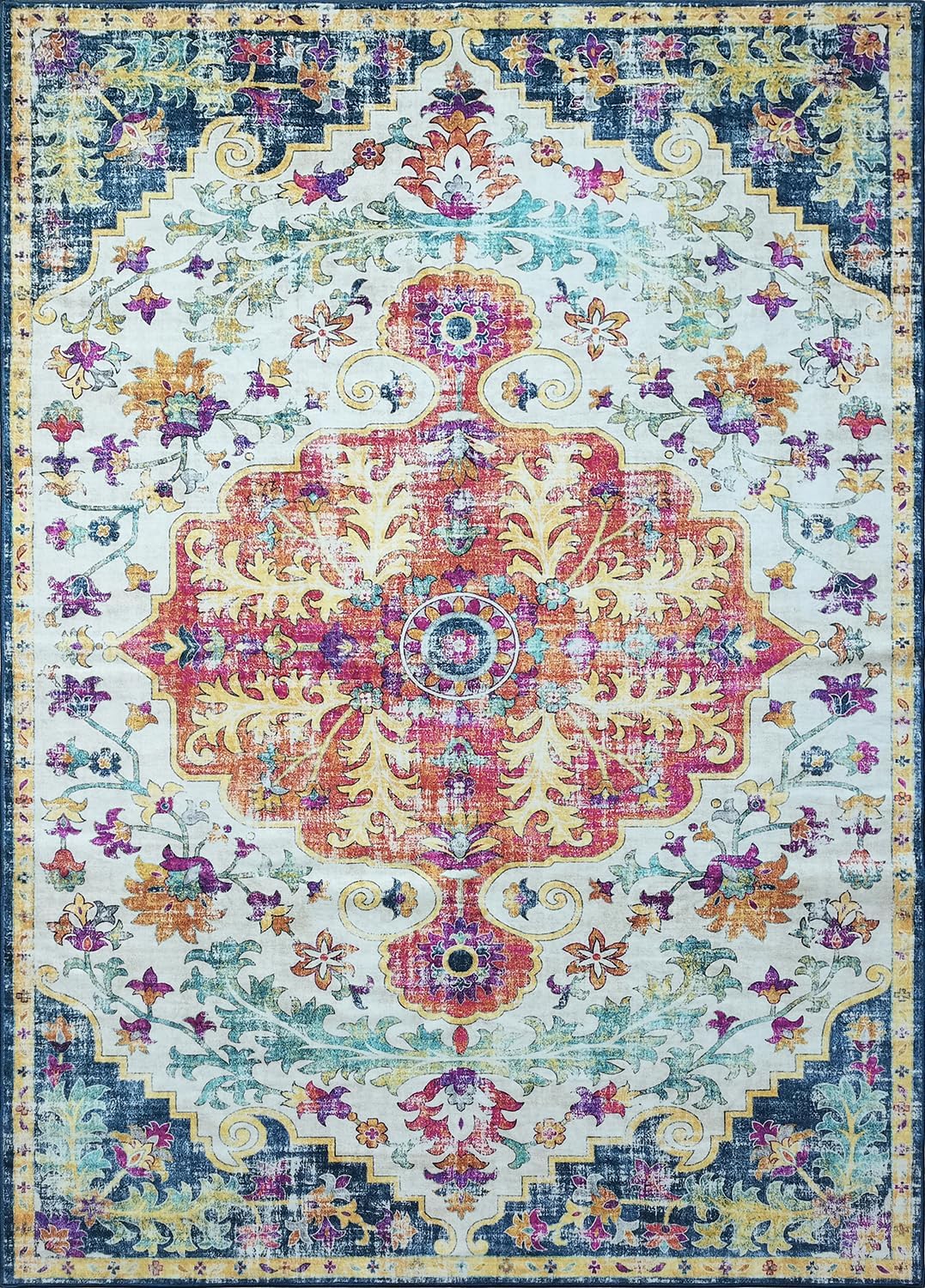 Modern Washable Rug Boho Non-Slip Blue and Multicolor Area Rug